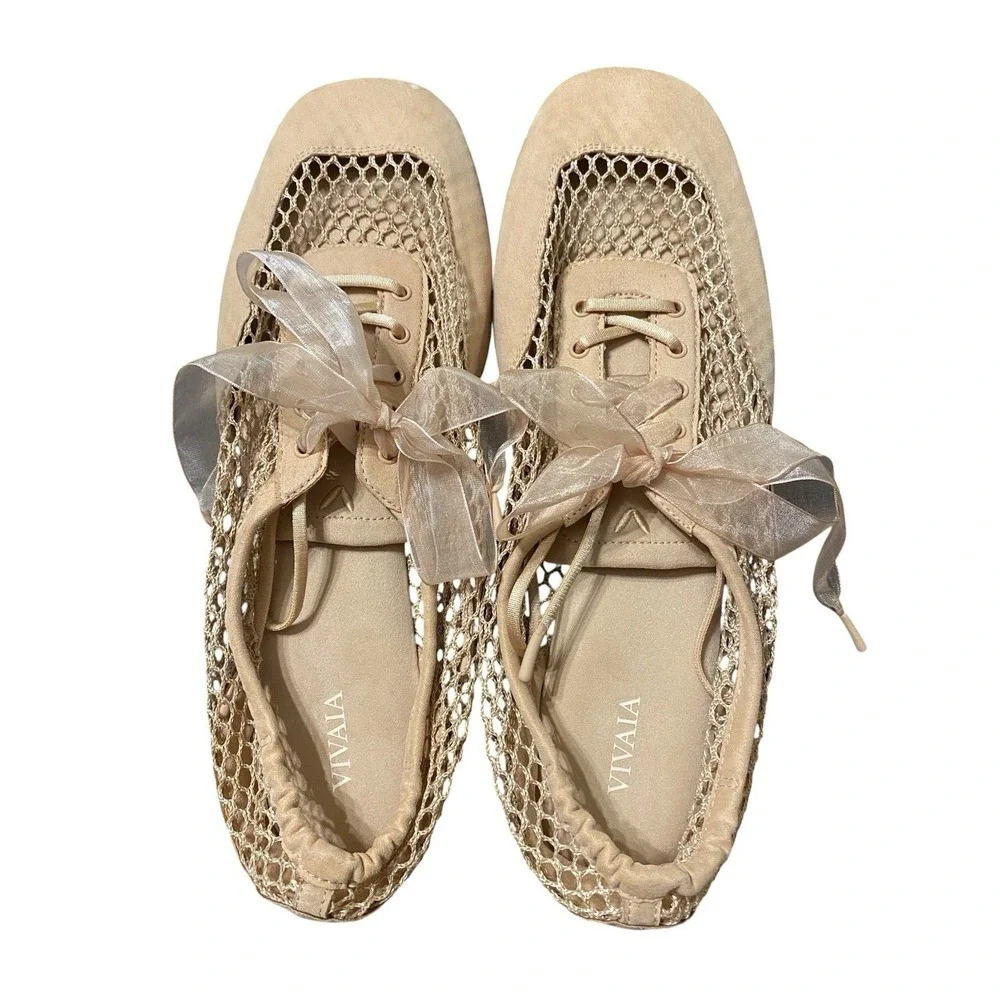 VIVAIA Miley Lace Up Mary Jane Flats Square Toe Beige Mesh Women's 41.5 US 10.5